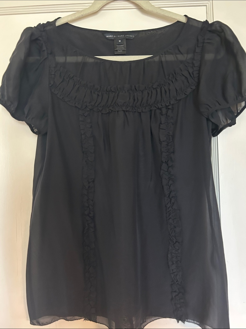 Marc by Marc Jacobs Black Sheer Ruffle-Trim Blouse